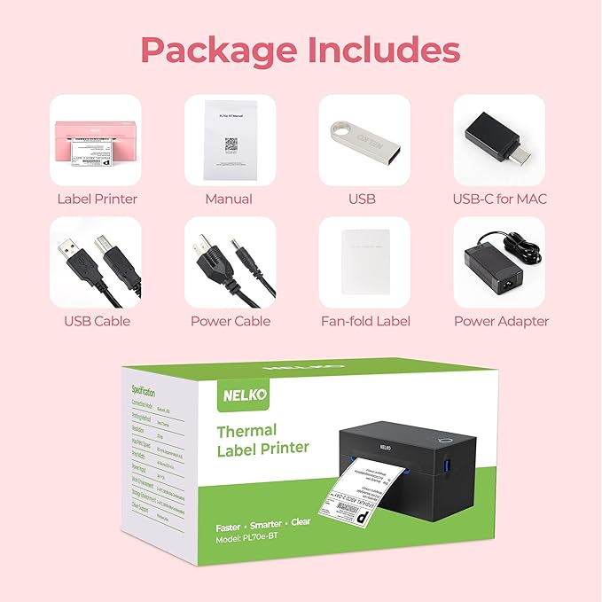 Nelko Bluetooth Thermal Shipping Label Printer, Wireless 4x6 Shipping Label Printer for Shipping Packages, Support Android, iPhone and Windows, Widely Used for Amazon, Shopify (Pink)