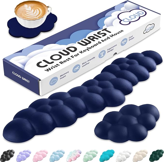Sushret Cloud Wrist Rest for Keyboard and Mouse, Memory Foam PU Leather Keyboard Wrist Rest with Ergonomic Support, Non-Slip Base, Cute Arm Rest Pad & Palm Cushion, Office Desk Accessory, Dark Blue