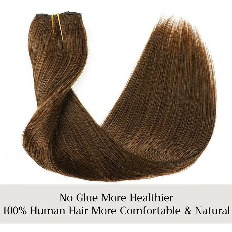 Real Human Hair Extensions - 12 Inch Chocolate Brown Straight Hair with Hidden Wire and Transparent Fish Line