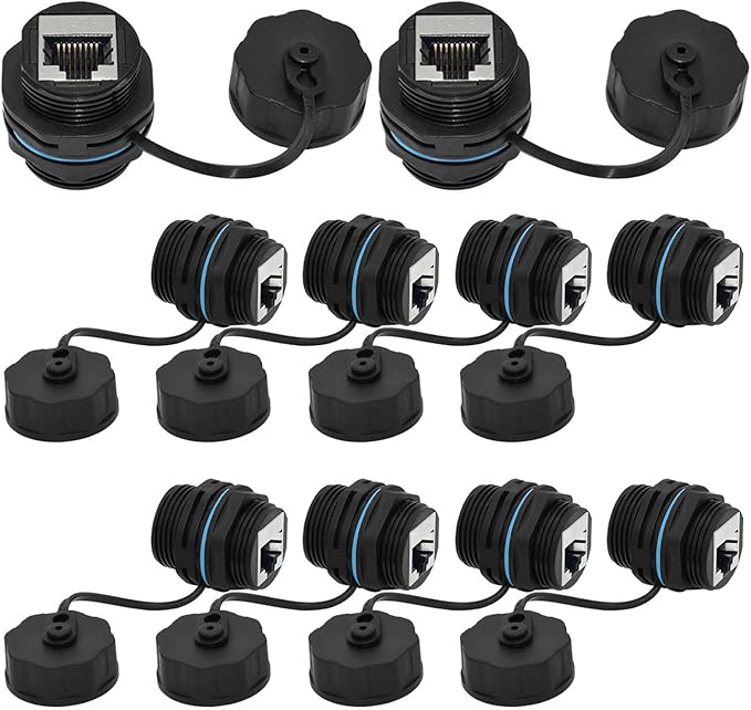 ANMBEST 10PCS Panel Mounting Shielded CAT6 RJ45 Waterproof Connector Cat5/5e/6 8P8C Ethernet LAN Cable Coupler Double Head Adapter with Waterproof/Dust Cap
