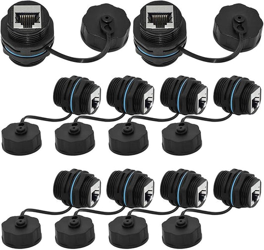 ANMBEST 10PCS Panel Mounting Shielded CAT6 RJ45 Waterproof Connector Cat5/5e/6 8P8C Ethernet LAN Cable Coupler Double Head Adapter with Waterproof/Dust Cap