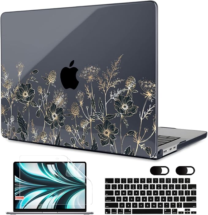 MEEgoodo Case for M5/M4/M3/M2 MacBook Air 13 inch Case 2026 2025 2024 2022, Fit Model A3449/A3240/A3113/A2681, Laptop Hard Shell Compatible with MacBook Air 13.6-inch, Golden Flowers & Herbs
