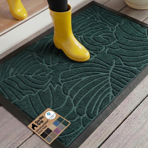 GORILLA GRIP Waterproof All-Season WeatherMAX Doormat - Natural Rubber, Stain & Fade Resistant, 29x17, Green Palm