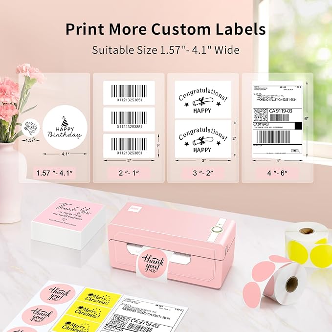 JADENS Bluetooth Thermal Shipping Label Printer – Wireless 4x6 Shipping Label Printer, Compatible with Android, iPhone, Windows & Mac, Widely Used for Ebay, Amazon, Shopify, Etsy, USPS(Pink)