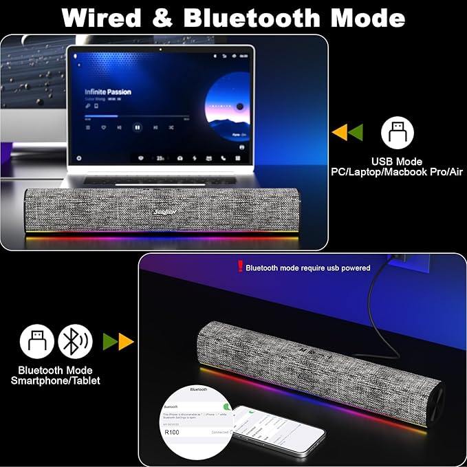 SOULION R100 Bluetooth Computer Speakers with Dynamic LED Light, USB Plug & Play PC Speakers with Switch Button, Clearly Sound Soundbar for Desktop Laptop Monitor Grey (USB-C to USB Adapter Included)