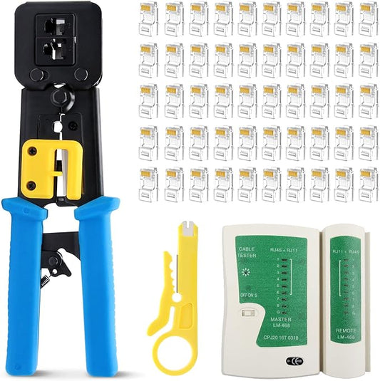 Delgada rj45 Crimp Tool with 50pcs Pass Through Connectors, for Cat6 Cat5e Cat5 Crimping Tool Kit, 50PCS Connectors, Network Cable Tester and Wire Stripper Included, for RJ45/RJ12 Regular