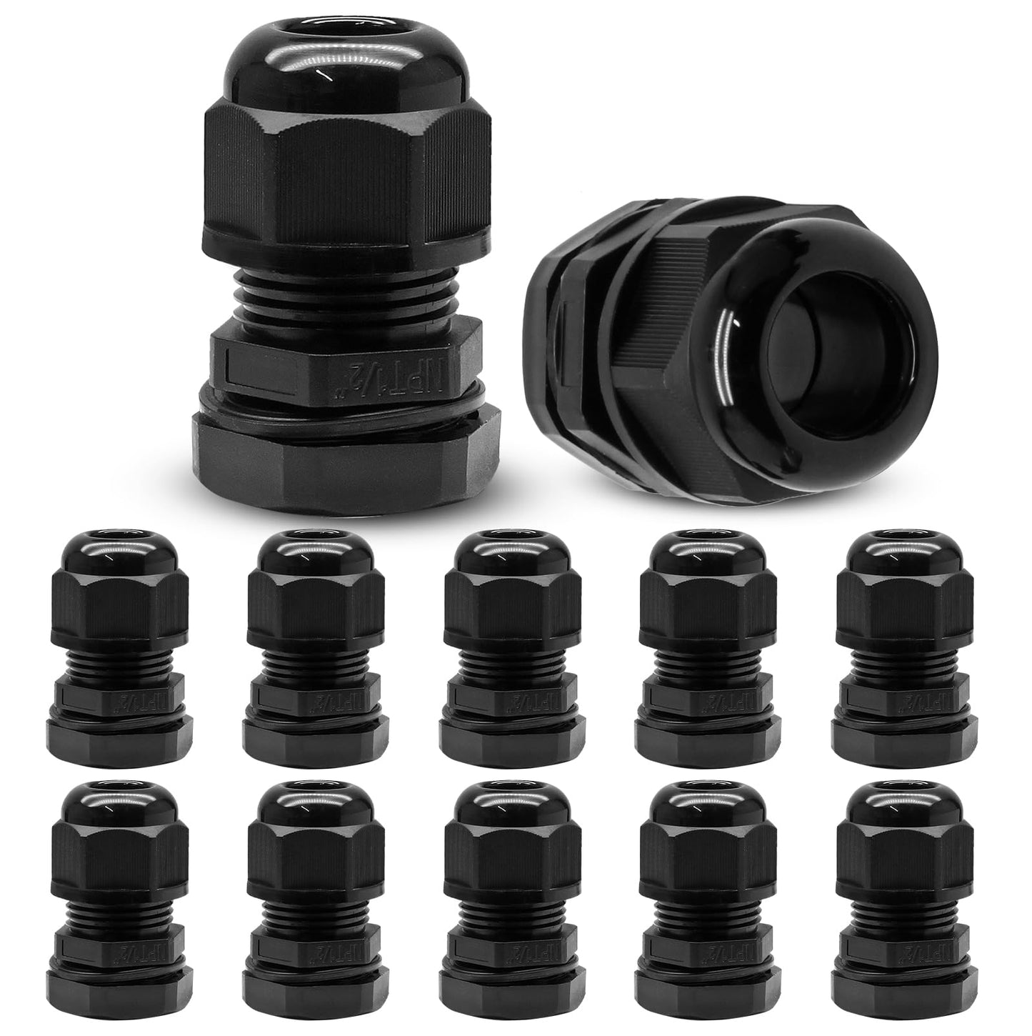 Kyuionty 12 Pcs 1/2" NPT Nylon Cable Glands, Black Strain Relief Cable Cord Connector IP68 Waterproof Junction Box Wire Protectors Adjustable for 6-12mm Cable Diameter