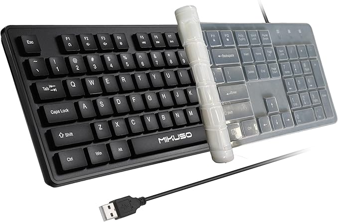 MIKUSO Laser Keyboard with Cover, Wired Keyboard 104 Keys Full Size, Laser Etched Non Fading Keycaps, Easy Clean Computer Keyboard with Number Pad for Office Desktop PC, 1.6m USB Cable- Black
