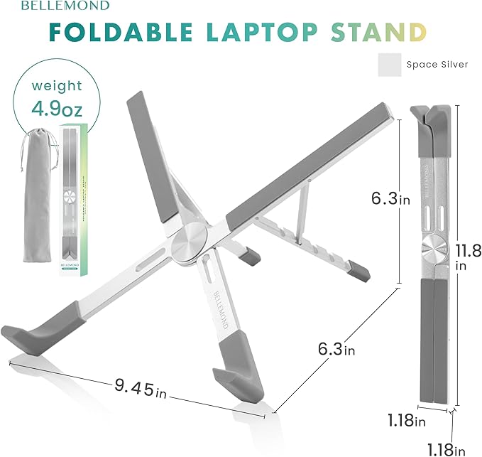 BELLEMOND Foldable Portable Laptop Stand | Ultralight Travel Riser | X-Frame Adjustable Aluminum | Fits MacBook, Dell, HP, Lenovo 10-17.3" | Carry Pouch | Space Silver