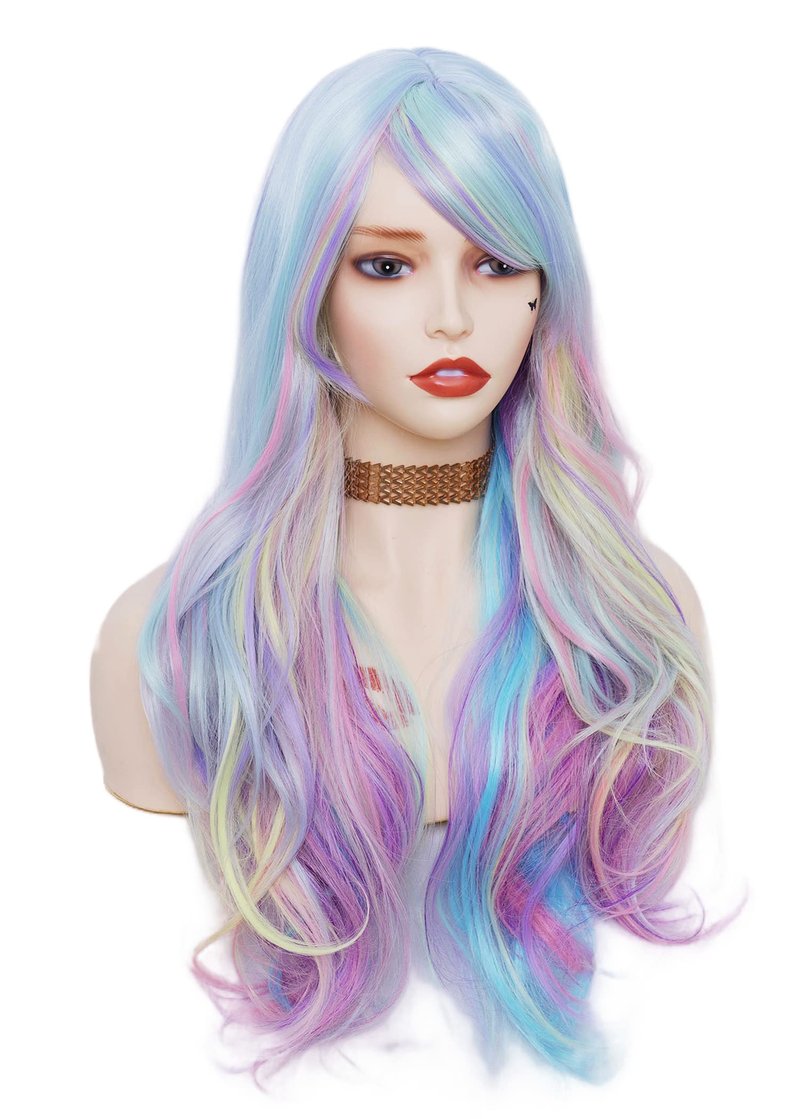 Rugelyss Rainbow Colorful Wigs for Women 26 Inches Long Wavy Fashion Synthetic Full Head Hair Wig with Bangs for Cosplay or Party