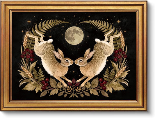 VIYYIEA Vintage Gold Framed Wall Art - Spring Canvas Prints for Living Room & Bedroom Decor | Moonward Hares (16L x 12W)
