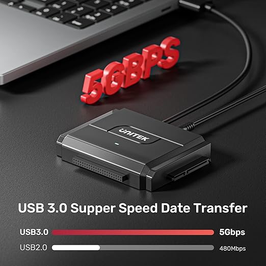 Unitek SATA/IDE to USB 3.0 Adapter, Hard Drive Adapter for Universal 2.5"/3.5" Inch IDE and SATA External HDD/SSD with 12V 2A Power Adapter, Support 24TB