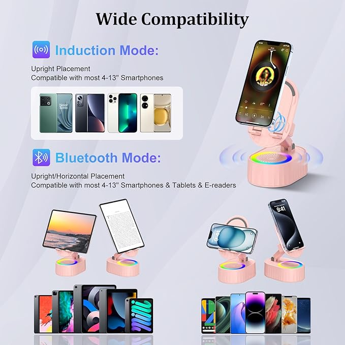 AKLLCCR Wireless Induction Audio Bluetooth Speaker 5in1 Phone Holder Emergency Rechargeable (3000mAh) with Colorful Ambient Light 300° Foldable for Tablet iPhone Android, Womens Birthday Gifts(Pink)