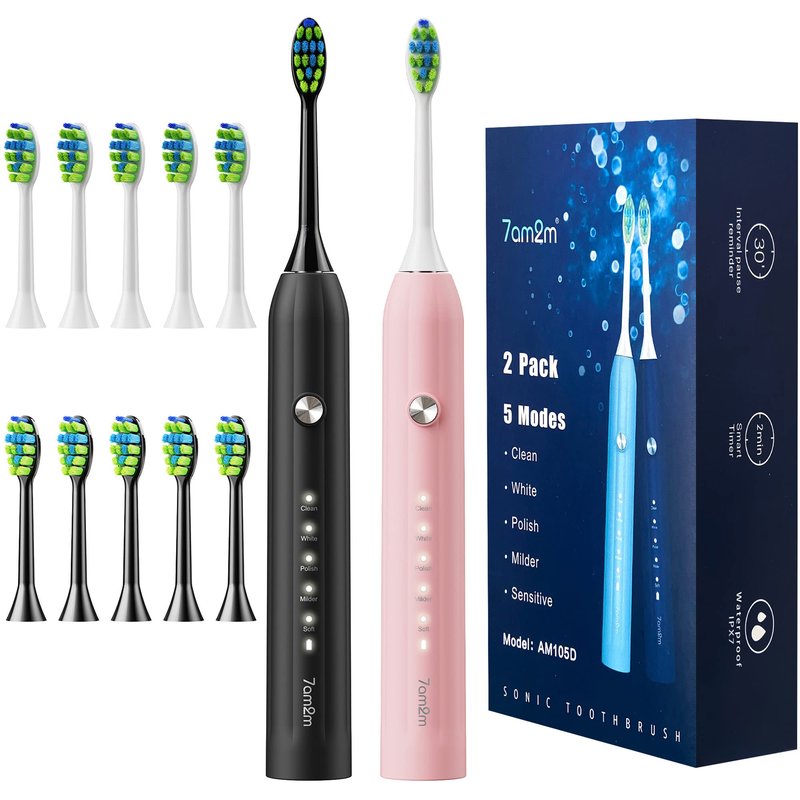 7AM2M Rechargeable Sonic Electric Toothbrush 2 Pack, Soft Toothbrushes for Adults and Kids with 12 Brush Heads, IPX7 One Charge Use for 90 Days, 5 Modes with 2 Minutes Build in Smart Timer