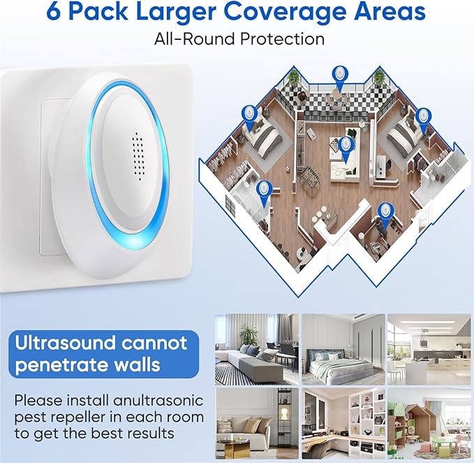 2025 Upgraded Ultrasonic Pest Repeller Indoor Ultrasonic Repellent, Mouse Repellent for Roach, Rodent, Mouse, Mosquito, Mice, Spider, Ant, Bugs Electronic Plug-in Pest Control 6 Pack (Bright White)