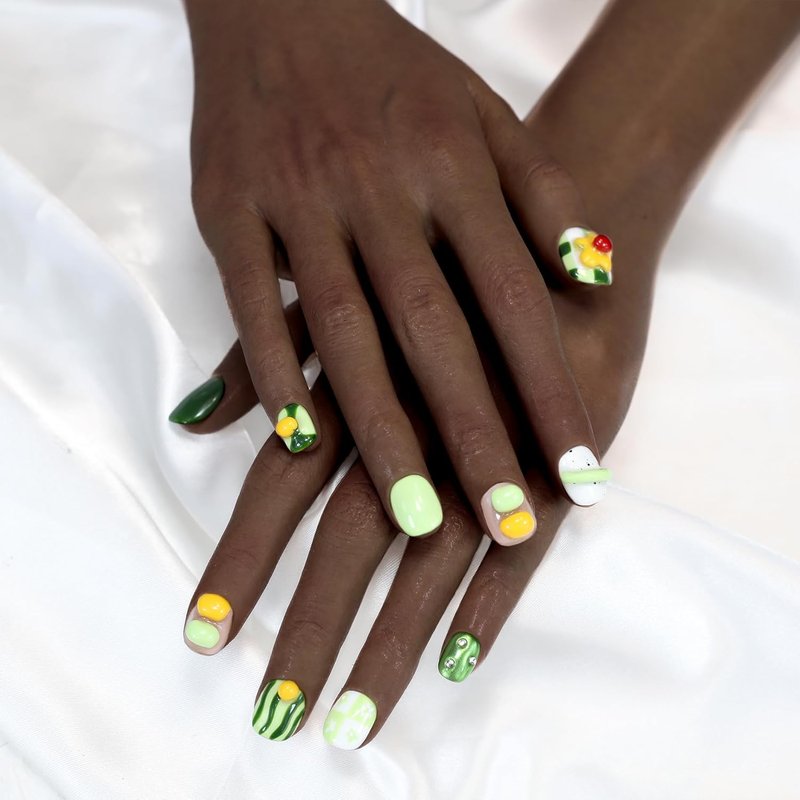 Short Press On Nails - Avocado Color Fruit Nail Art | Handcrafted Reusable Manicure Set for Women