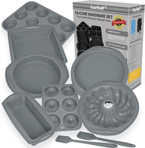 Aschef 9-In-1 Nonstick Silicone Baking Set - Versatile Bakeware Kit for Cakes, Muffins & More | Heat Resistant Molds & Tray