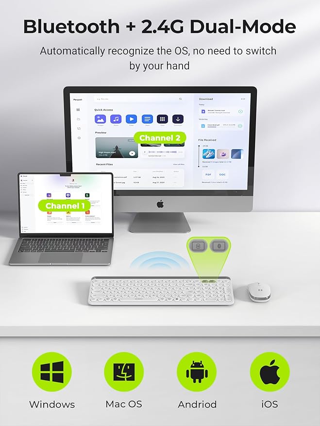 seenda Bluetooth Keyboard and Mouse for iPad, CTU-301 Wireless Multi-Device Connection Bluetooth+2.4G Keyboard Mouse Combo with Tablet Holder for iPad/MacBook/Windows, iOS/Android/Phone, White