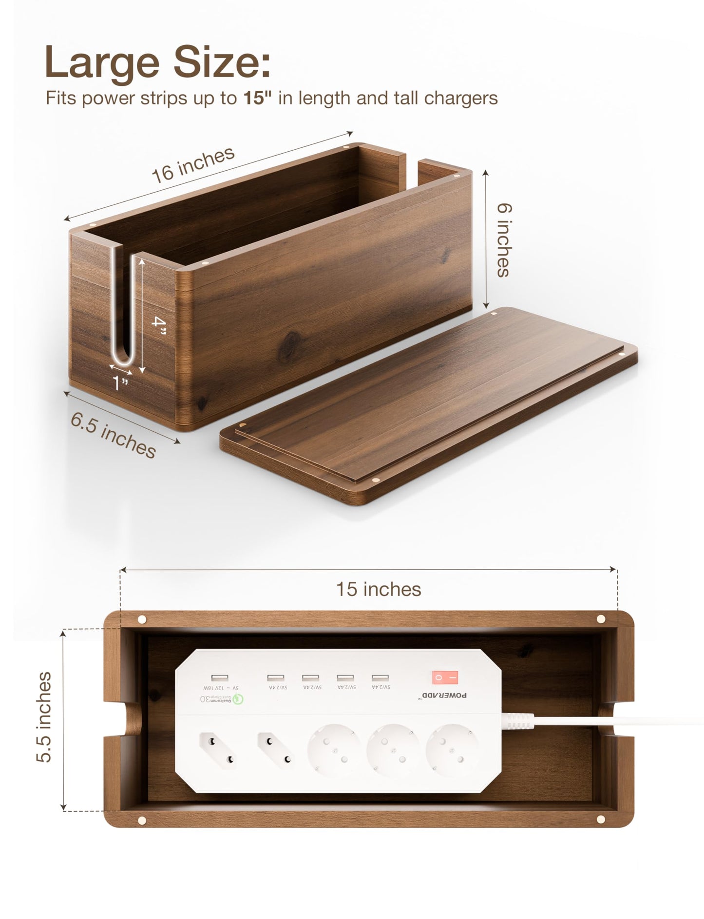 TIDITA Acacia Wood Large Cable Management Box Round Edge - 16" L Wooden Power Strip Box, Surge Protector Box - Cable Hider Box for Office, Living Room - 2 Open Slots, Magnetic Lid (Walnut Color)