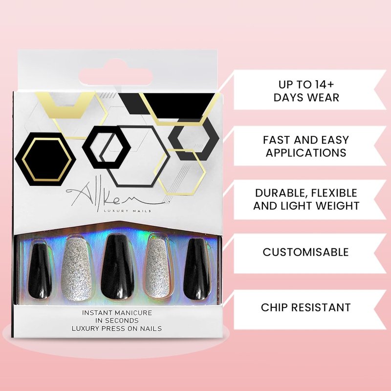 Press On Nails - Midnight Black Medium Long Tapered Ballerina | 20 Pcs Coffin Nail Kit with Glue, 10 Sizes