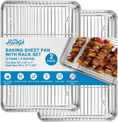 Herogo Stainless Steel Baking Sheet Set - 2 Pans & 2 Racks | 16" x 12" Rectangle, Non-Toxic & Easy Clean