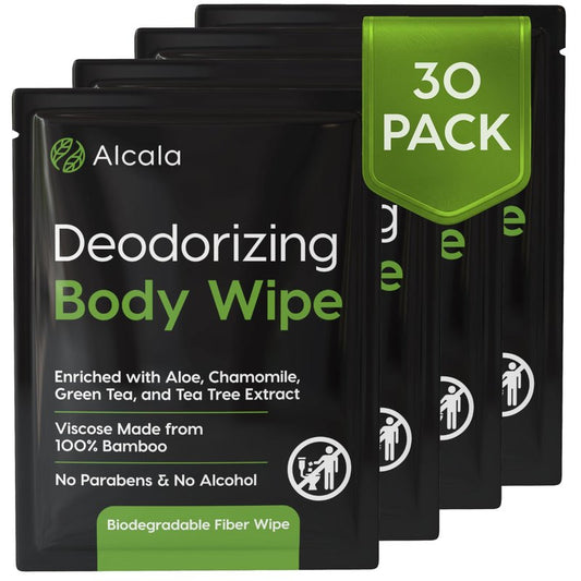 Alcala Deodorizing Body Wipes Individual Shower Wipes 100% Pure Biodegradable Bamboo Wet Wipes with Aloe Tea Tree Adult Body Wipes for Women & Men Ideal for Camping Hiking, Hospitals & Gym (30 Pack)