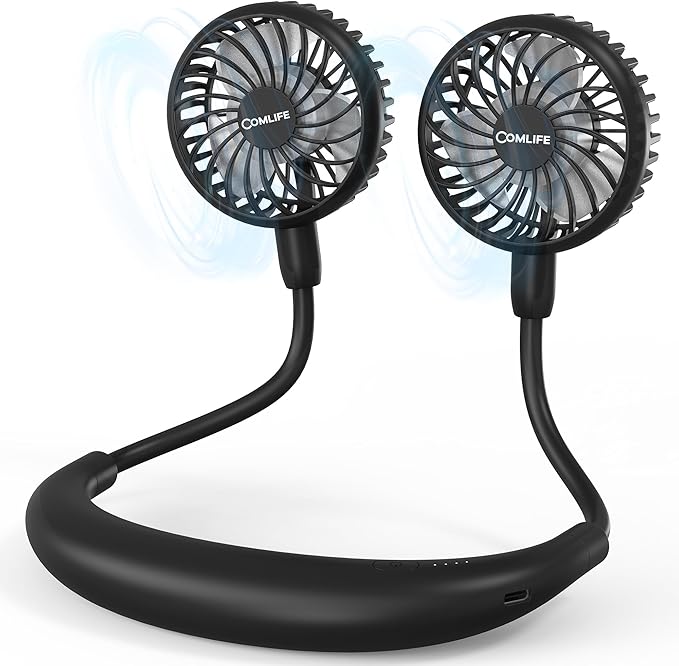Portable Neck Fan, 5000mAh Rechargeable Battery Powered, 3 Speeds, 360°Adjustable, Double Cooling, Hands-Free Personal Wearable USB Neckband Fan for Home Office Outdoor Travel Sports