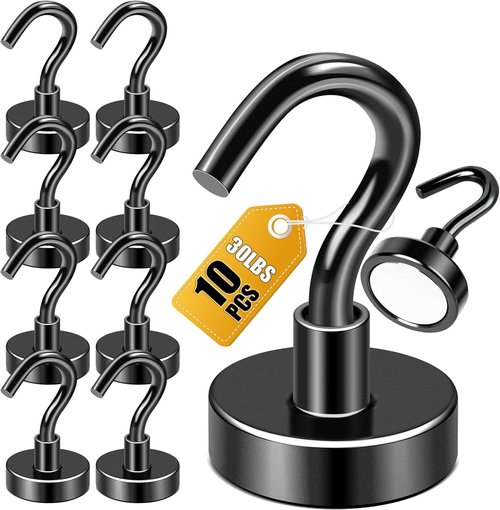 DIYMAG Magnetic Hooks - Heavy Duty 30lbs N52 Magnets for Hanging | 10 Pack Black for Home & Kitchen