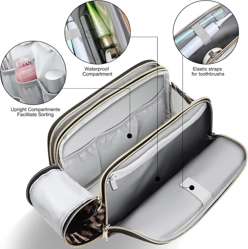 Large Travel Makeup Bag - Water-Resistant Leather Toiletry Organizer | Leopard Print Design