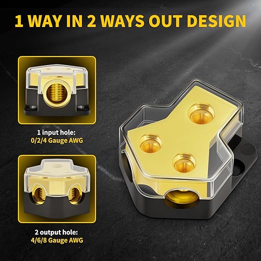 Bolipoeq 12V Power Distribution Block Car Audio 2 Way 0/2/4 Gauge in 4/6/8 Gauge Out, Quality Ground Distribution Block 12 Volt Amp Distribution Block Splitter for Automotive Car Marine Boat (2 Pack)