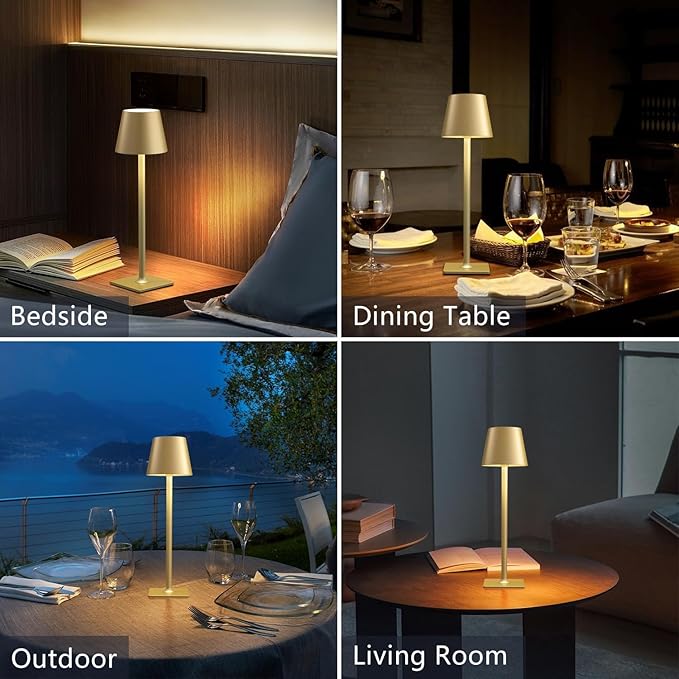 Fizrice Cordless Table Lamp, 6000mAh Battery Operated, 250LM Adjustable Brightness IP65 Height Adjustable - Set of 2 Gold Wireless Lamps for Restaurant Patio Bedside Outdoor Cafe & Home Decor