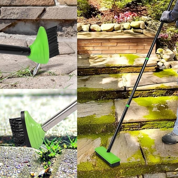 3-in-1 Weed Brush Tool Set, Adjustable Long Handle Crack Weeder & Moss Remover for Driveway, Patio, Sidewalk - Stainless Steel Crevice Cleaning Kit (3 Sets)