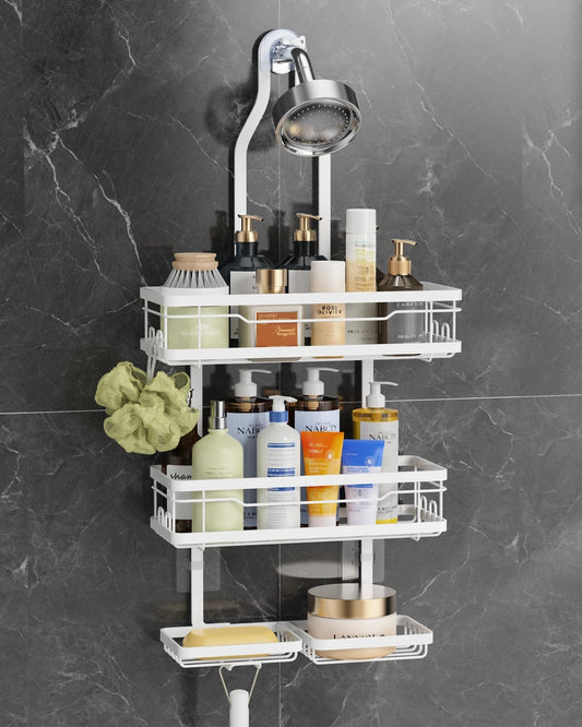 OMAIRA Shower Caddy - Adjustable Stainless Steel Organizer with Soap Holder | Large Capacity, White
