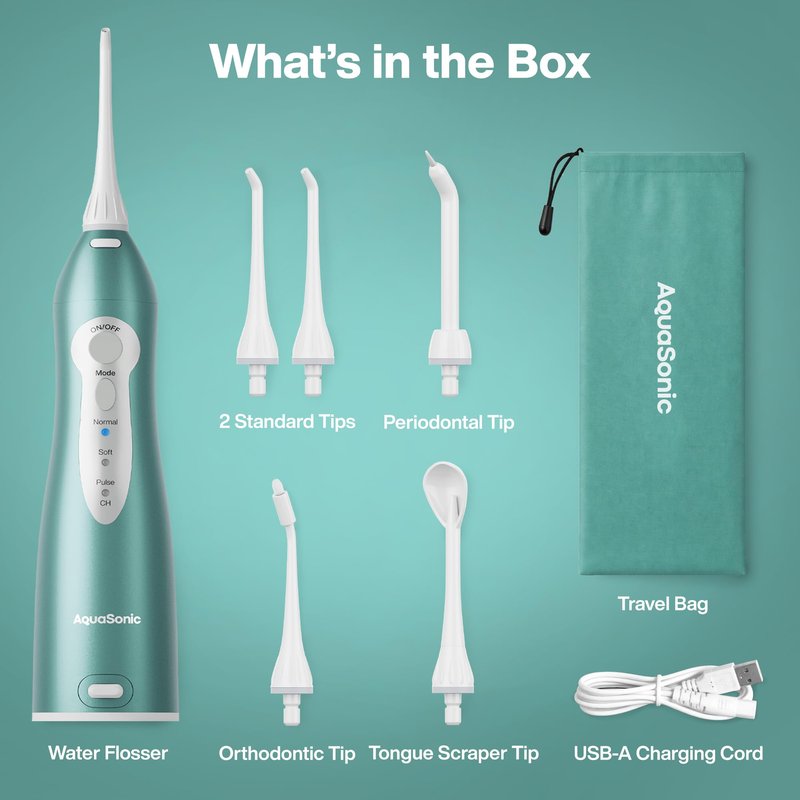 AquaSonic Aqua Flosser PRO - Rechargeable Electric Cordless Water Flosser for Teeth, Gums & Tongue - Waterproof Modern Design, 300ml Large Tank, 3 Modes, 6 Jet Tips, Deluxe Tongue Nozzle - Green