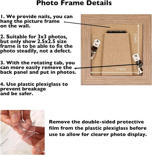 JCJMY 3x3 Picture Frame - Rustic Brown Tabletop Photo Frame with Shatter-Resistant Plexiglass