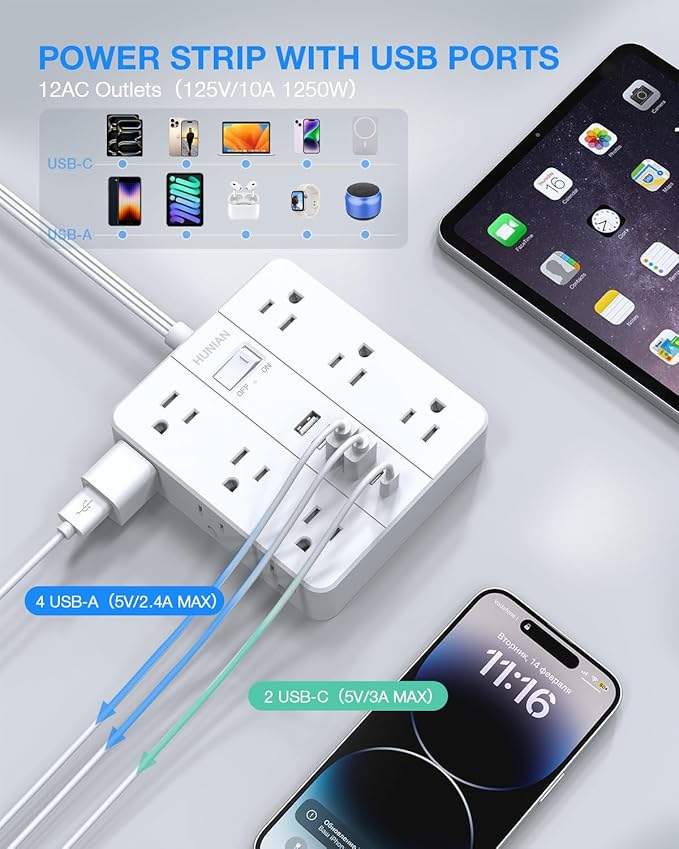 Extension Cord 25 Ft, HUNIAN Flat Plug Power Strip, 12 Widely Spaced Outlets with 6 USB Charger (2 USB C Ports), Desk Charging Station for Home Office Supplies, Dorm Room, White