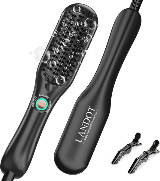 Mini Hair Straightener Brush - Ionic Heated Comb for Frizz-Free Styling | Compact Dual Voltage Travel Flat Iron for Short & Medium Hair - Black