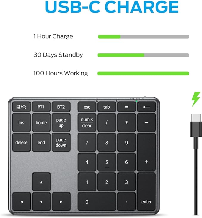 iClever Bluetooth Number Pad, Aluminum 34-Key Wireless Numeric Keypad, USB-C Rechargeable Numpad Keyboard for Data Entry and Accounting, Compatible with Laptop, Mac, Surface Pro, PC Desktop