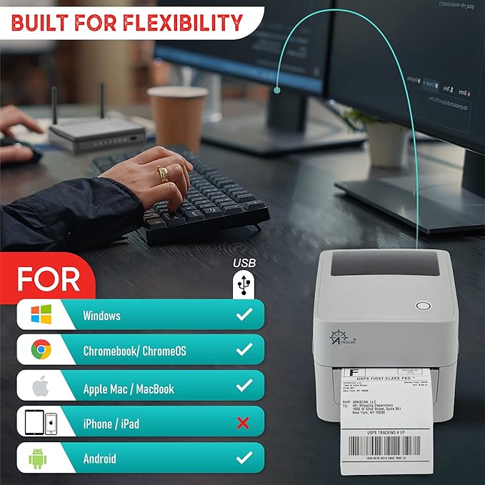 Arkscan 2054K-USB Upgraded 2054A Shipping Label Printer for Windows Mac Chromebook, Support Amazon Paypal Etsy Shopify ShipStation UPS USPS FedEx, fit Roll & Fanfold 4x6 Direct Thermal
