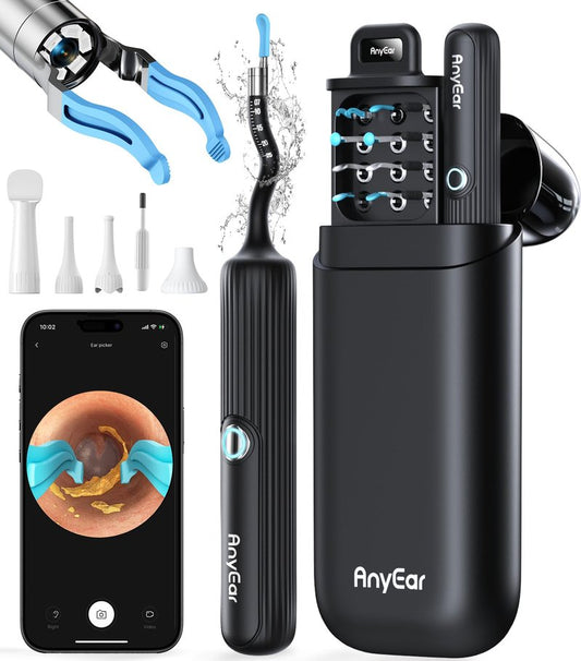 Anyear Flexible Ear Wax Removal Tool Camera, Wireless Ear Cleaner with 10MP HD Otoscope, Painless Tweezers, 12 Soft Tips, 3 Inspection Heads, Portable Earwax Removal Kit with Camera for Adults/Kids
