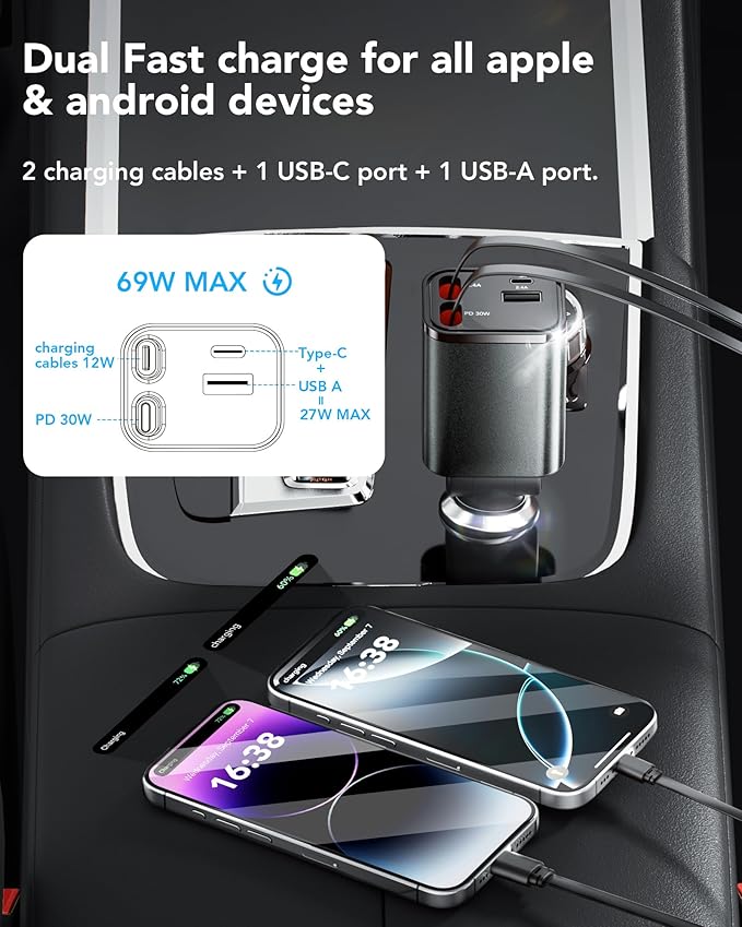 Retractable Car Charger,Car Phone Charger USB C Fast Charge,Cigarette Lighter USB Charger Car Accessories for Women,Road Trip Essentials Gift for Men,Car Charger for iPhone 17/16/15,Galaxy S26,Pixel