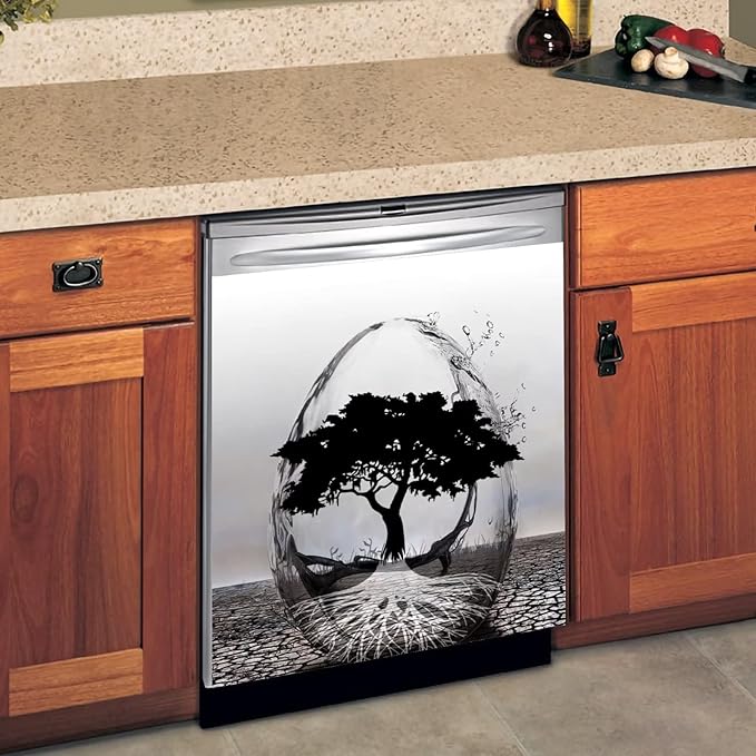 Abstract Art Dishwasher Cover Decoration Tree of Life Decal Magnetic Cover for Dishwasher Front Door Egg Shape Magnet Sticker Kitchen Dishwasher Decor Panel 23x17inch