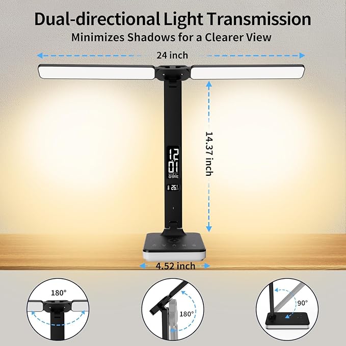 oviouit LED Desk Lamp with Charger, USB Charging Port, Dual Swing Arm Desk Light with 5 Brightness, 3 Colors, Table Lamp with Clock, Alarm, Date, Temperature, Desk Lamp for Home Office Study (Black)