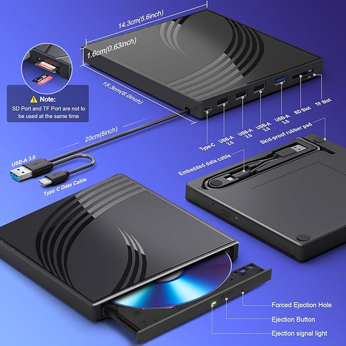 BPAKDU External CD/DVD Drive for Laptop, Ultra Slim CD Burner USB 3.0 Hub with 4 USB Ports, 2 TF/SD Card Slots,1 Type-C Port,DVD Player for Laptop Compatible with mac OS/Windows/Linux (Black)