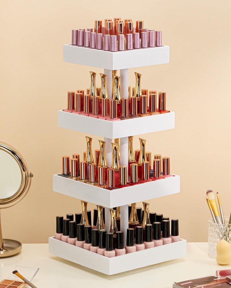Nail Polish Display Stand - 360° Rotating Bamboo Rack Organizer | 4-Tier Makeup Holder for Easy Access - White