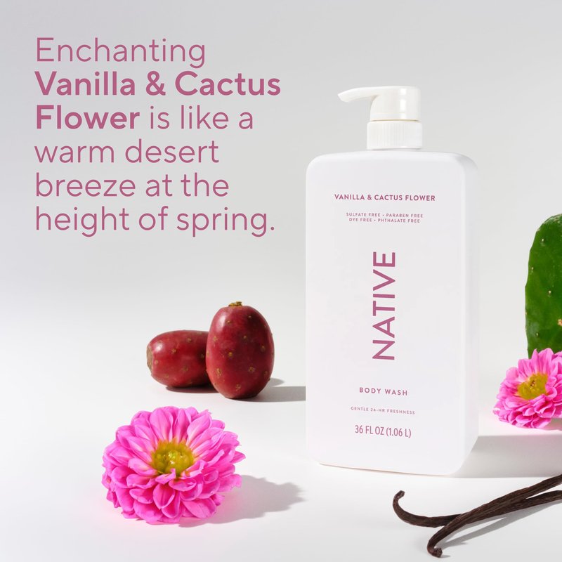 Native Body Wash for Women & Men, Vanilla & Cactus Flower, 36 oz Pump Bottle, Sulfate-Free & Gentle