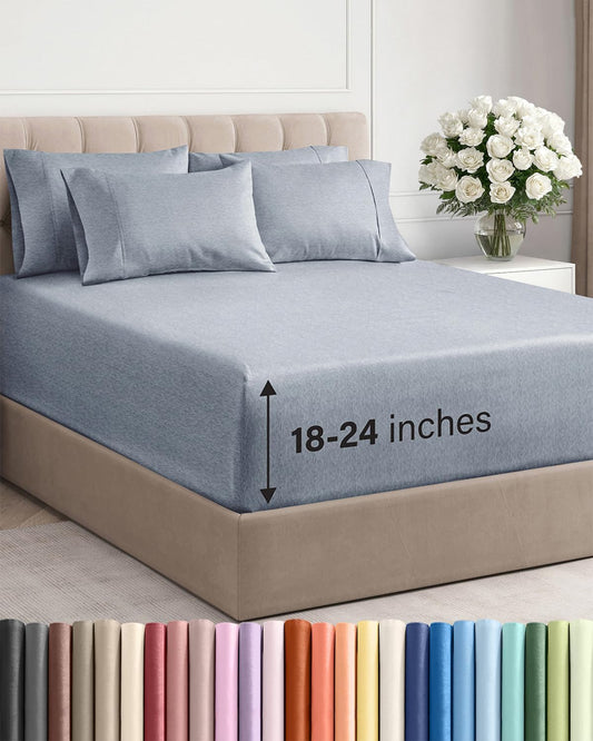 Skiennix Extra Deep Queen Sheet Set - 6 Piece Breathable Cooling Sheets - Luxury Hotel Bedding - Soft Wrinkle-Free Heathered Blue