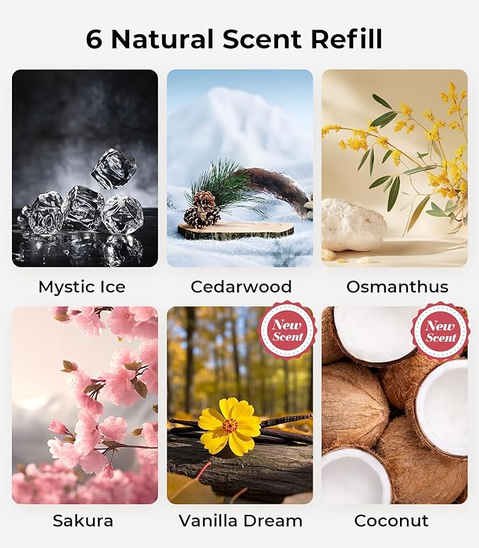 Hitolza Smart Car Air Fresheners, Ambient Light & Mist Fragrance, Auto On/Off Car Air Freshener Diffuser, Adjustable Intensity, Lasts 6 Months, Built-in Battery, Premium Scents Refill X2 - Cedarwood