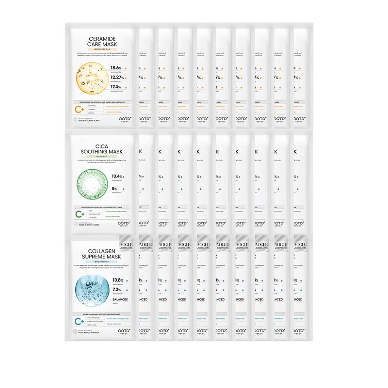 #OOTD Hydrating Soothing Sheet Masks Gift Set, Korean Vegan Facial Masks for Dry Sensitive Skin, Calming & Nourishing with Collagen, Ceramide, Cica (30-Count)