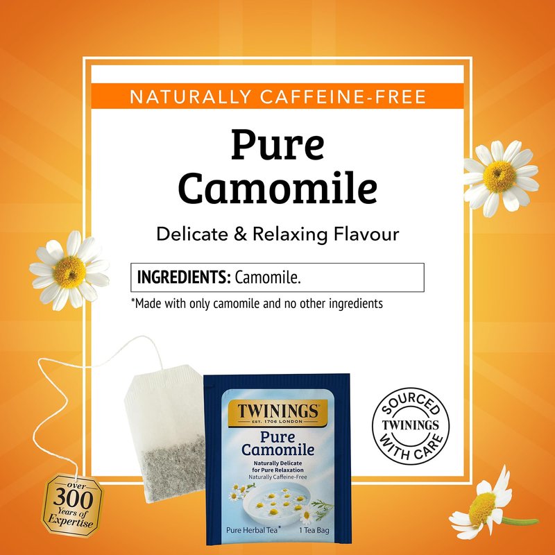 Twinings Pure Camomile Herbal Tea Individually Wrapped Bags, 100 Count (Pack of 1), Delicate for Pure Relaxation, Naturally Caffeine-Free, Enjoy Hot or Iced, 100 Teabags